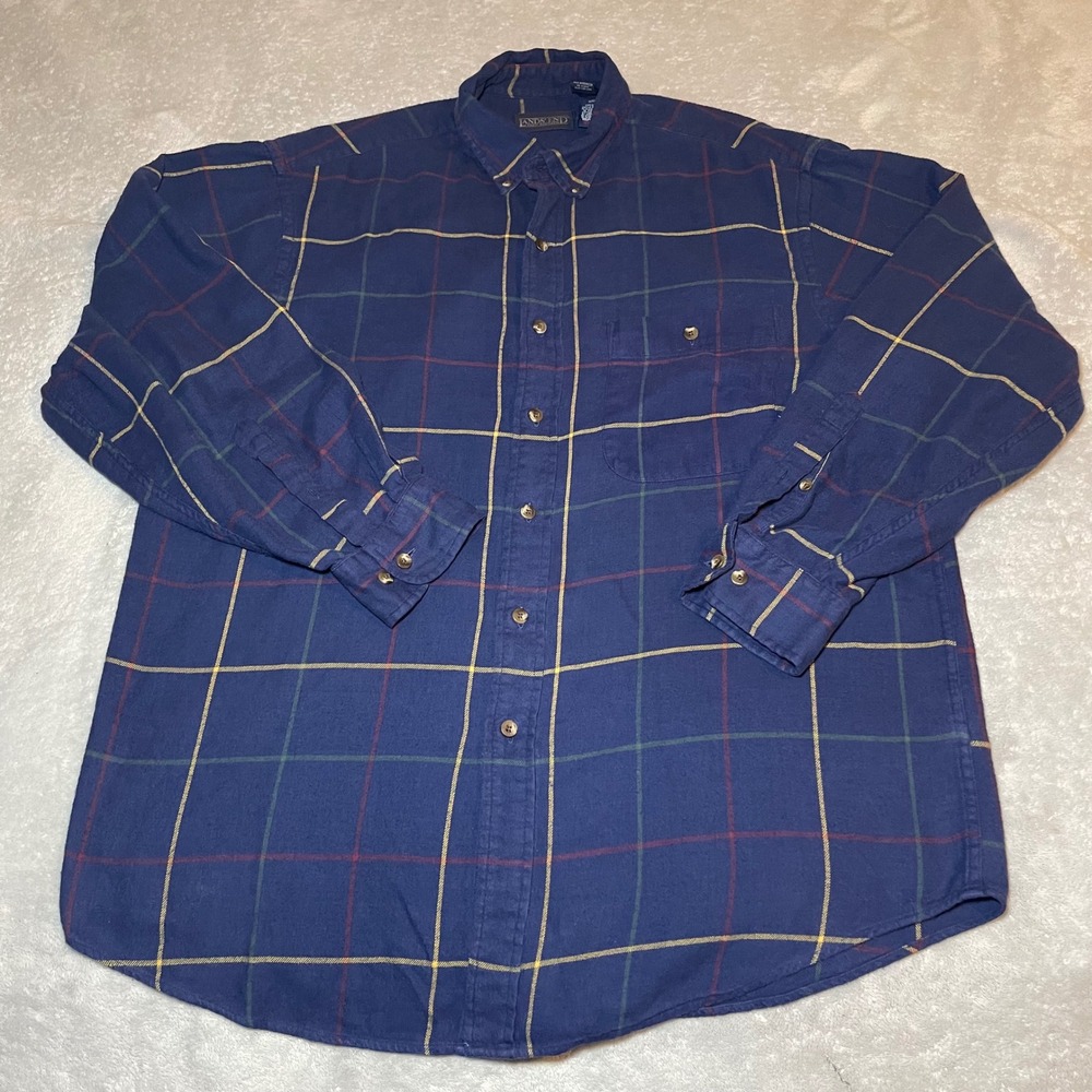 Vintage Lands End Shirt Mens Large Blue Plaid Cotton Flannel Button Down Y2K